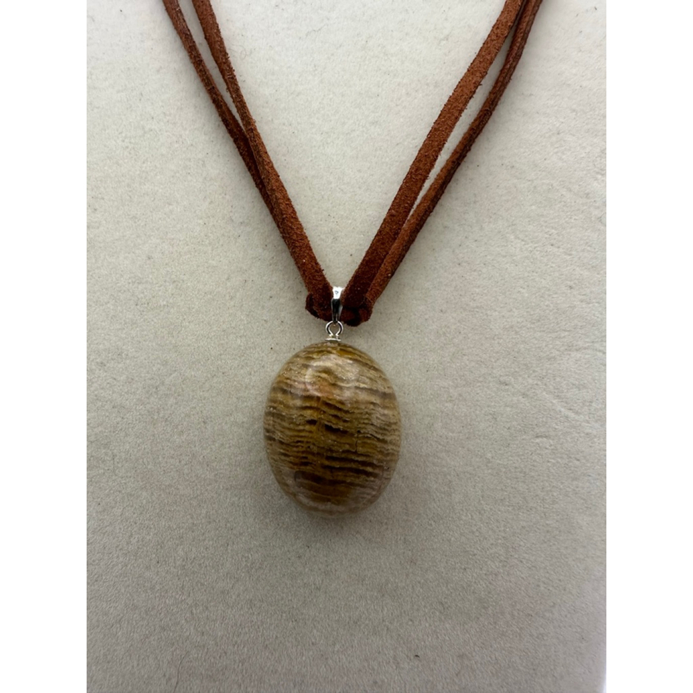 Oval Thousand Layer Garden Quartz Pendant Necklace on Brown Faux Suede - Picture 6 of 10